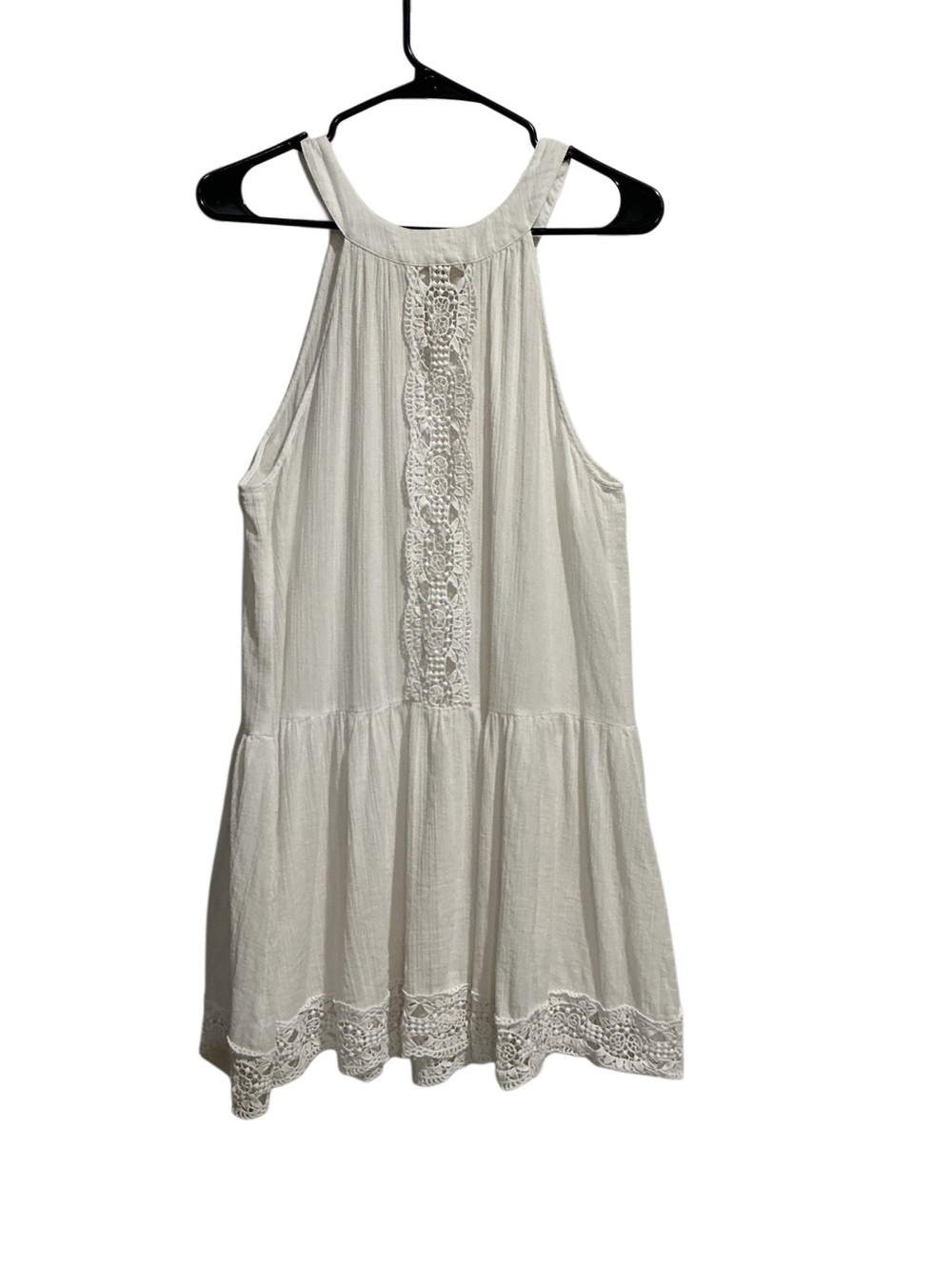 La Blanca White Halter Mini Dress Crochet Lace Trim